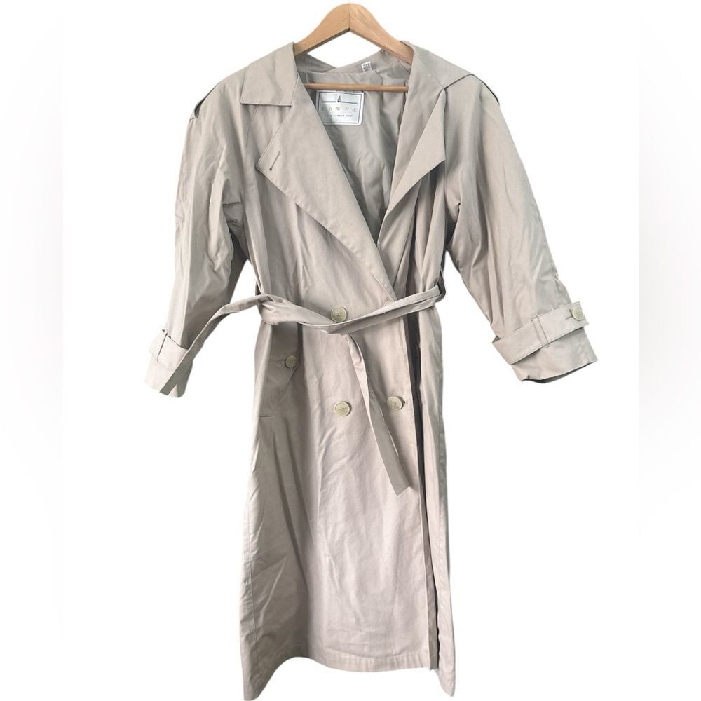 VTG Towne London Fog Tan Long Button Down Trench Coat Sz 10P